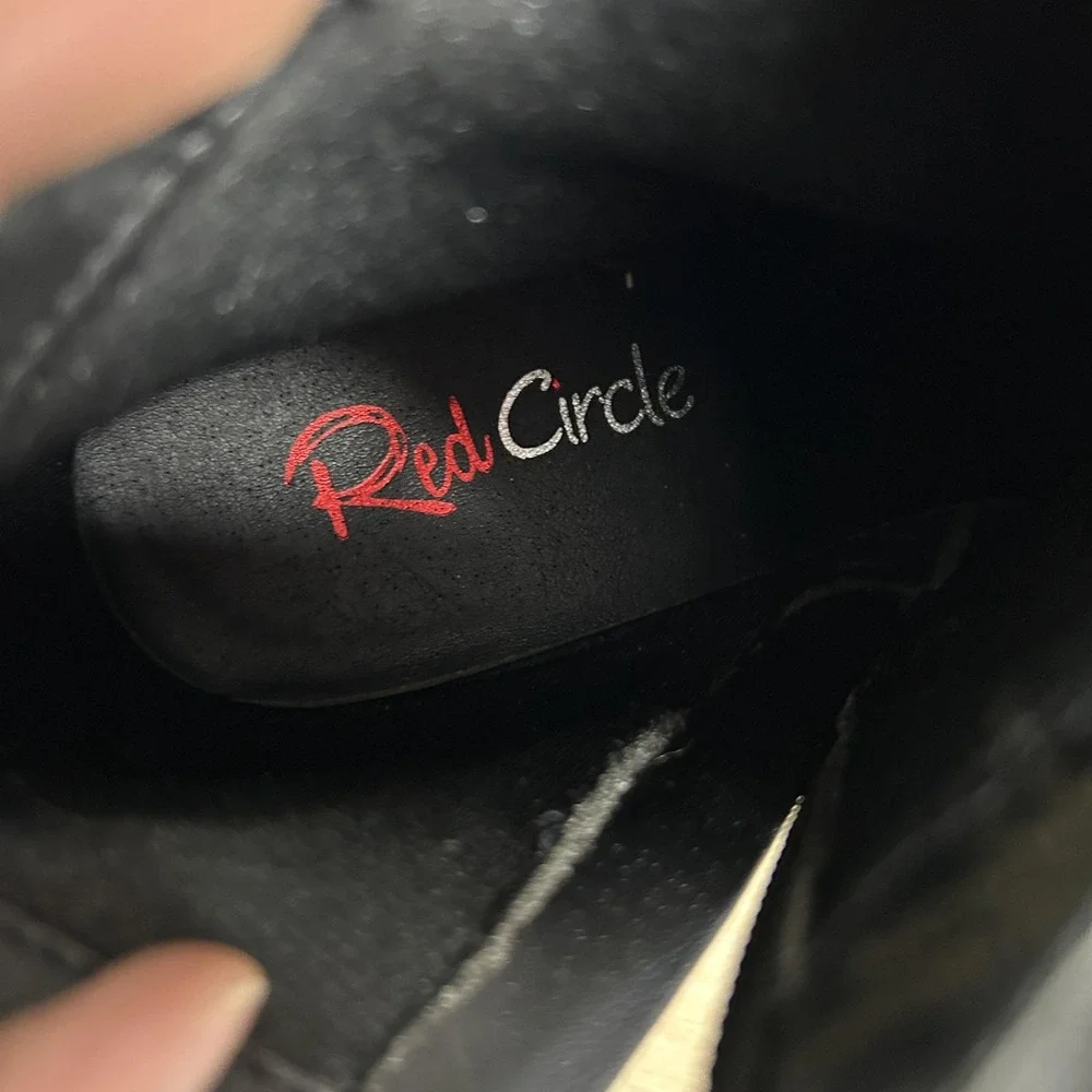 Red Circle Wedge Ankle‎ Booties Womens 8.5 Black Brown Strap Studded Side Zip